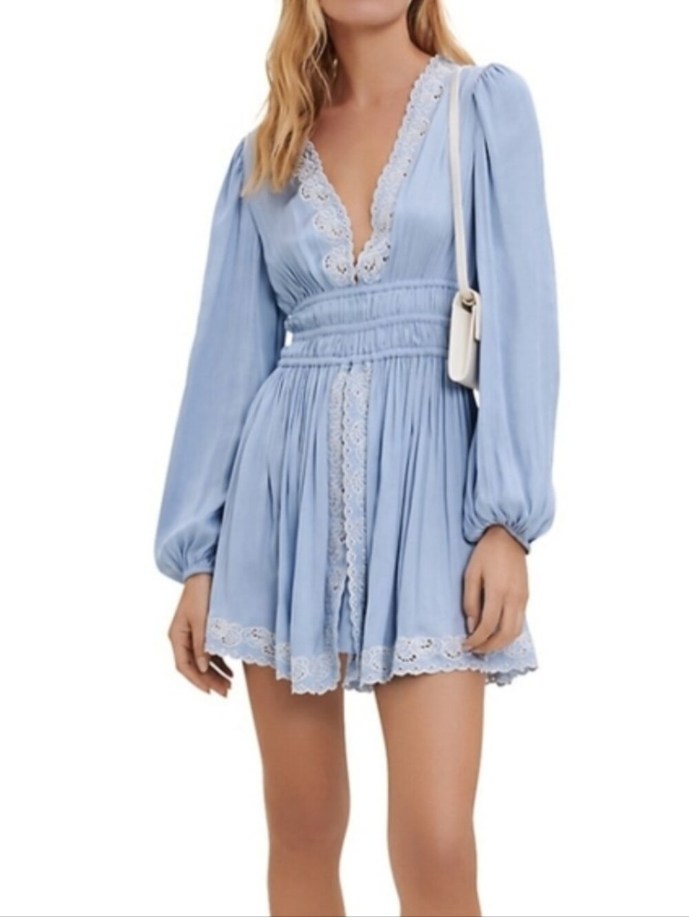 Maje Light Blue Lace-Trim Long Sleeve Mini Dress